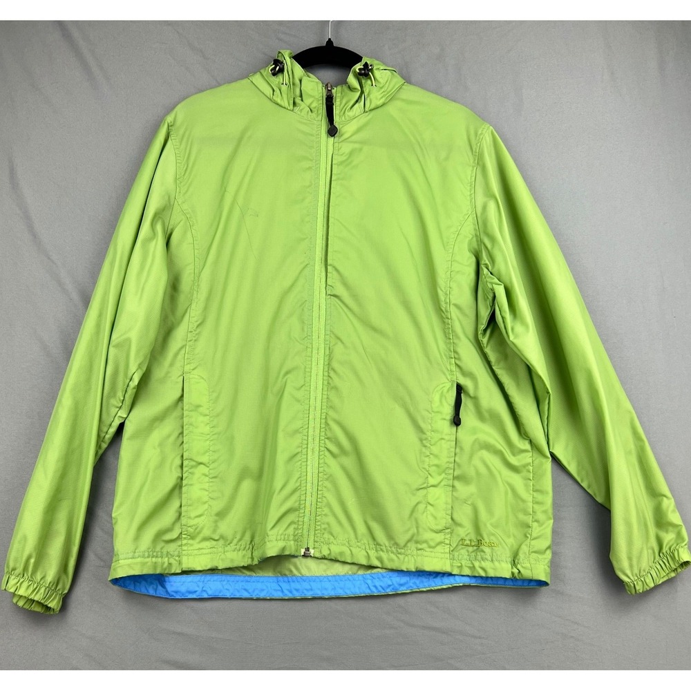 LL Bean Windbreaker Jacket Womens Large Green Ripstop Hooded Full Zip Good